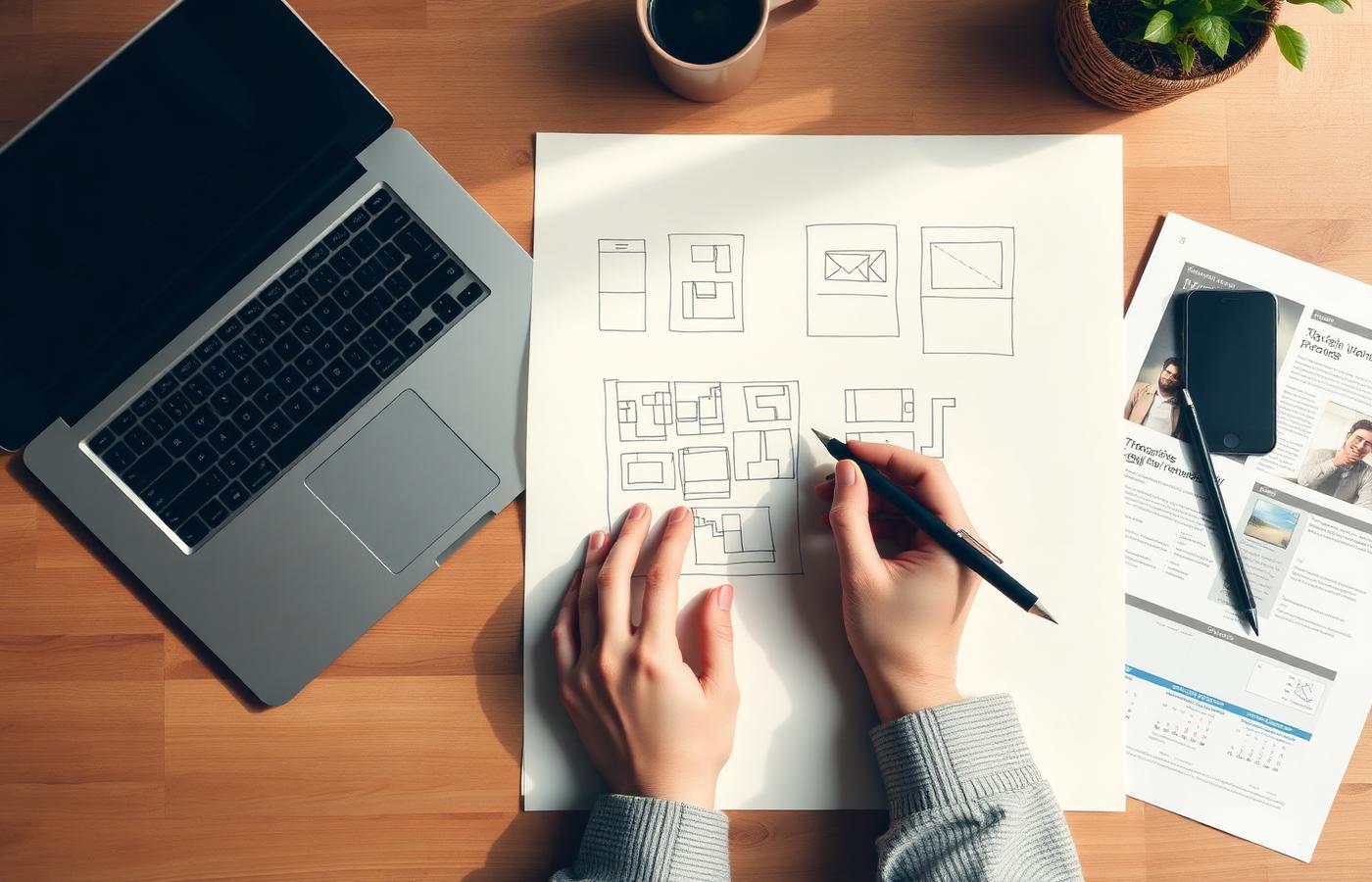 Overhead view of hands sketching wireframes on paper beside a laptop