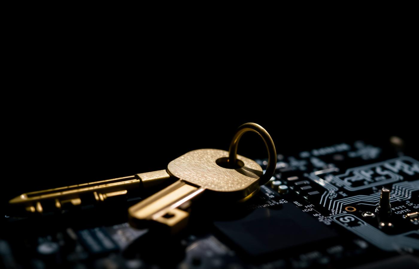 A brass key resting on a circuit board illuminated from one side